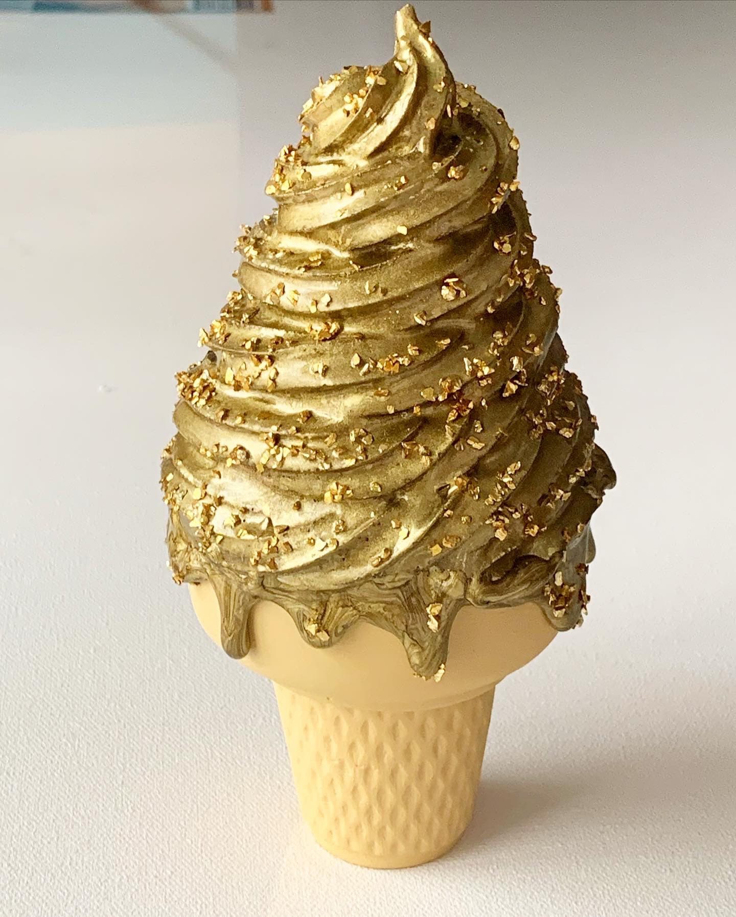 Golden Melting Ice Cream Resin Sculpture With Gold Sprinkles