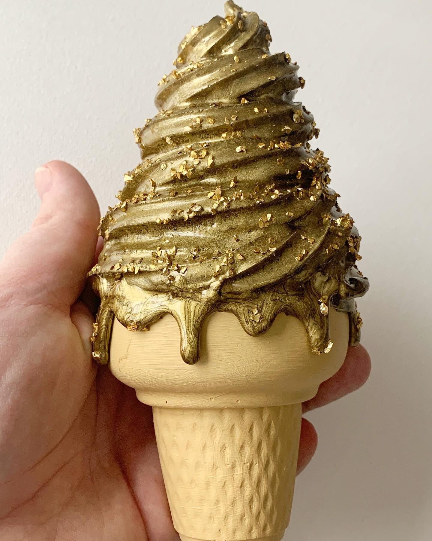 Golden Melting Ice Cream Resin Sculpture With Gold Sprinkles
