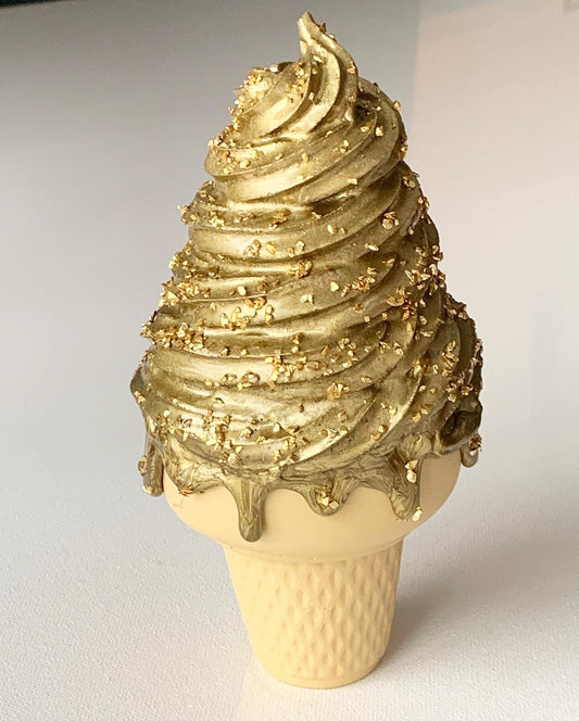 Golden Melting Ice Cream Resin Sculpture With Gold Sprinkles