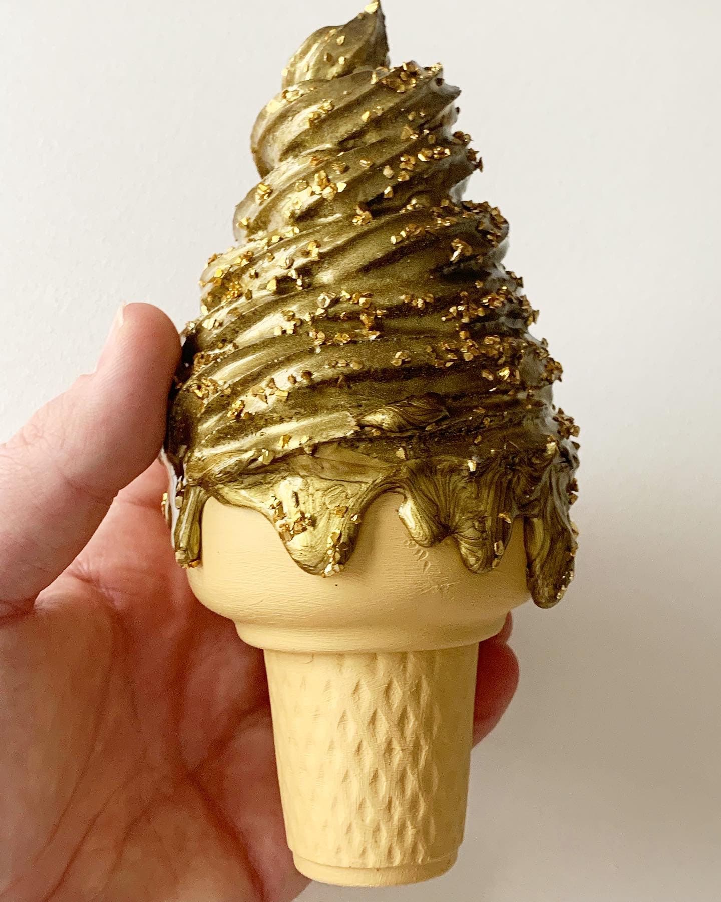 Golden Melting Ice Cream Resin Sculpture With Gold Sprinkles