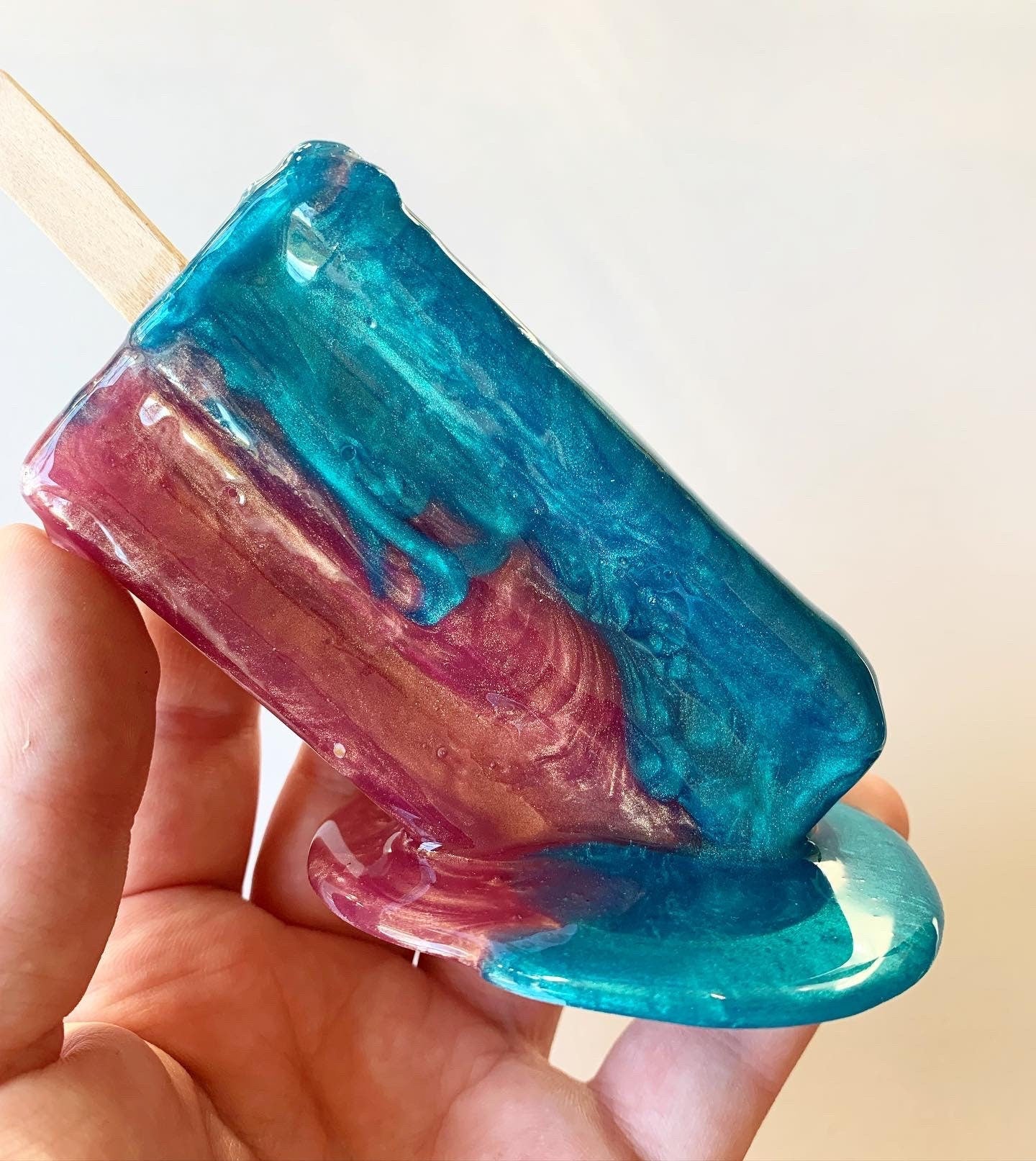 Peach and Teal Melting Popsicle Resin Sculpture